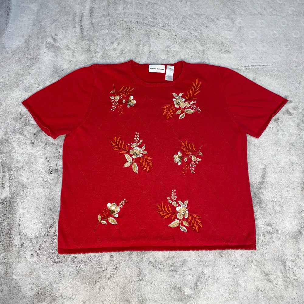Alfred Dunner Short Sleeve Floral Sweater Beaded Red Tight Knit Women Size XL